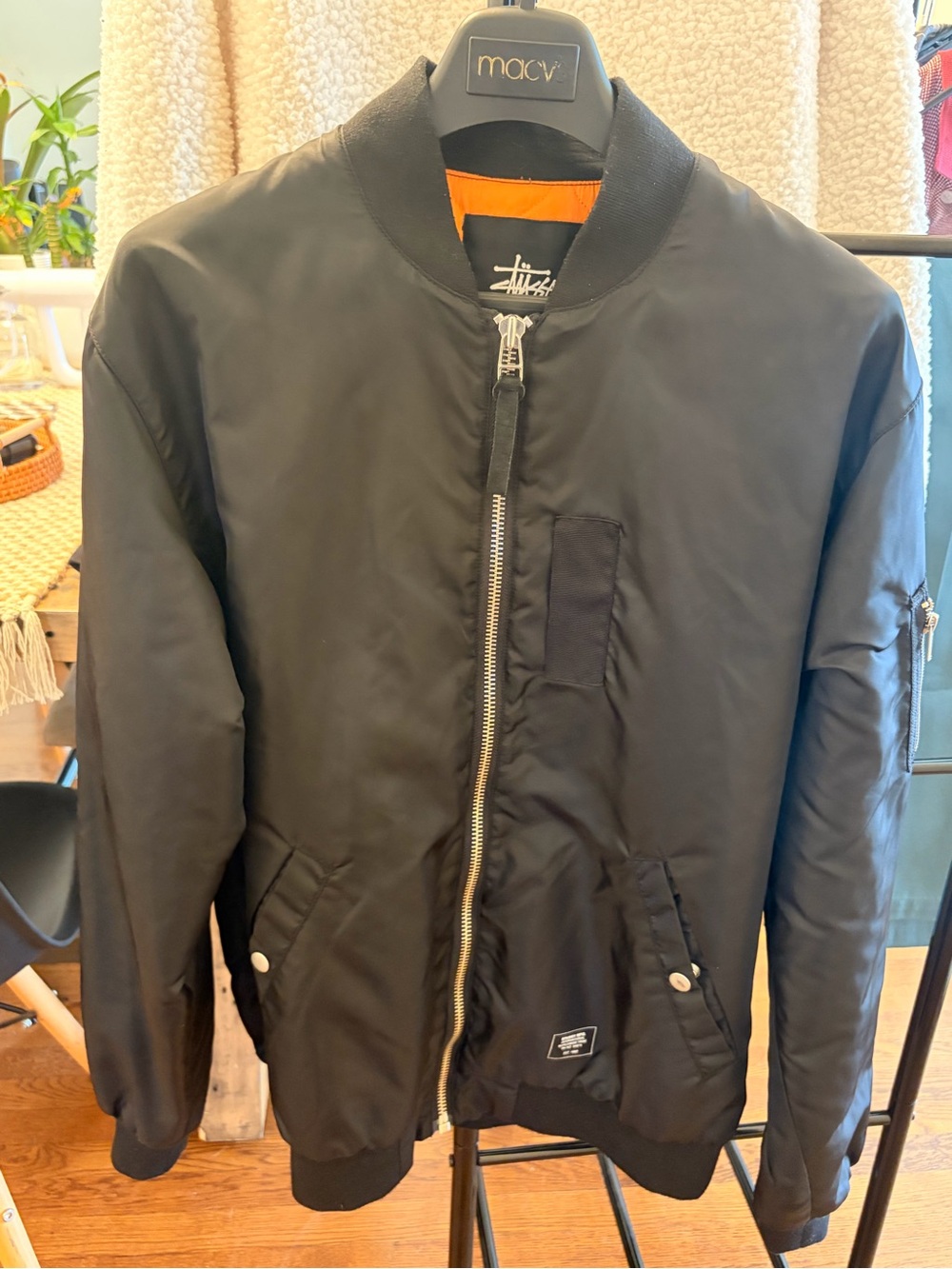 Stussy Black Bomber Jacket with Orange Lining